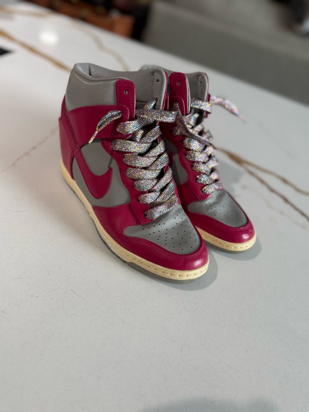 Iconic Nike Sky Hi Dunks, Hidden Wedge Sneakers, Size 7.5, 528699-001